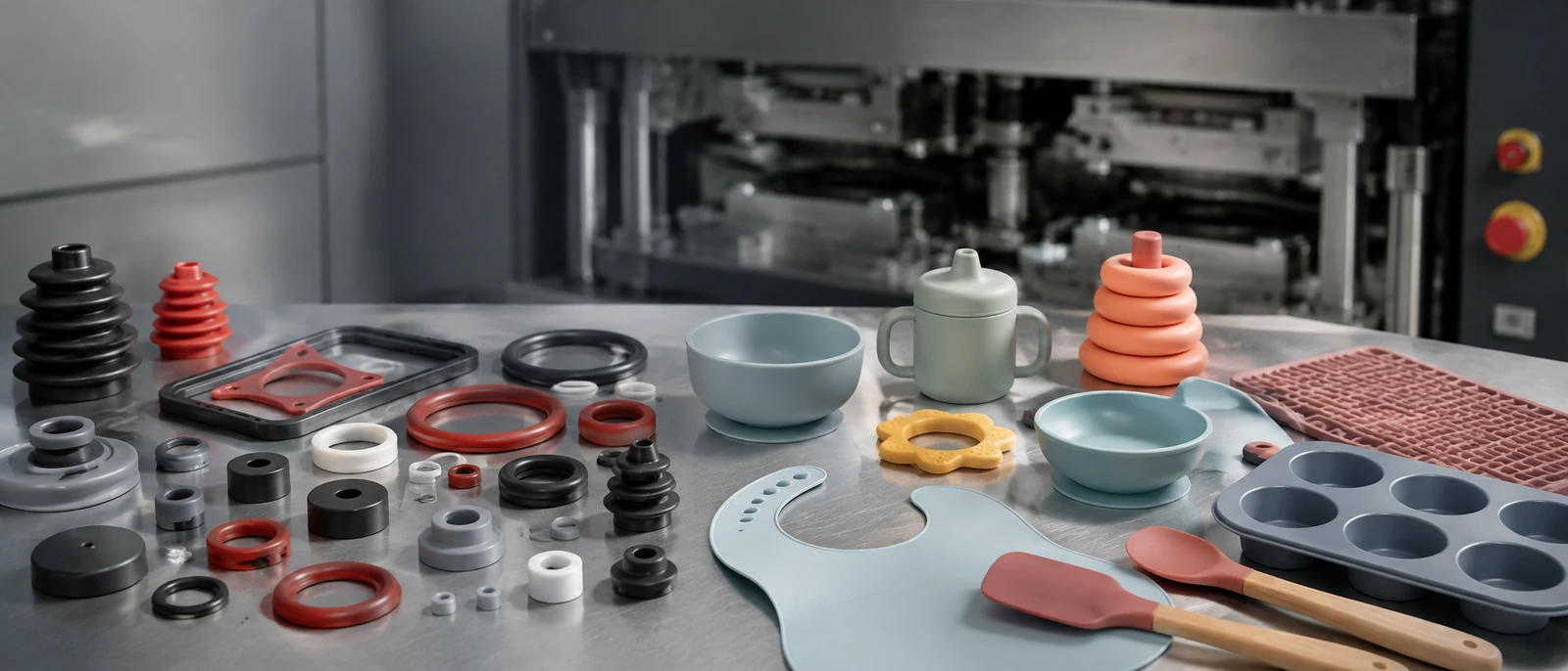 Representative compression moulding scene with industrial and consumer silicone products
