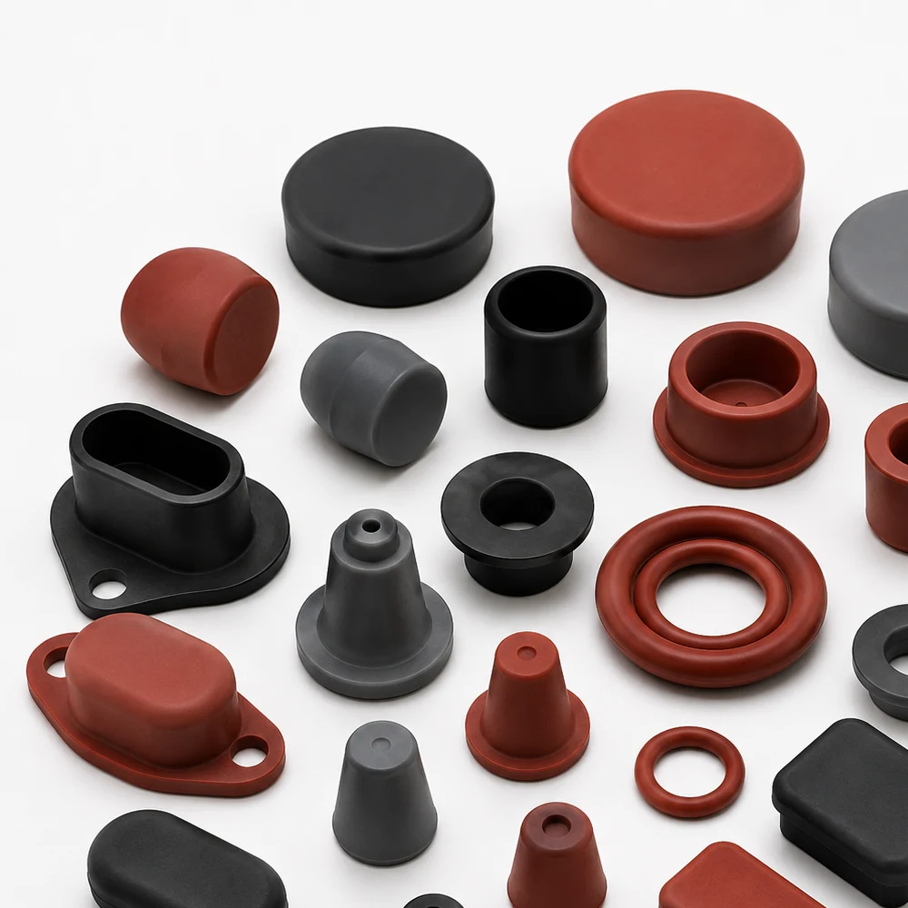 Representative moulded silicone caps, plugs and grommet-type parts