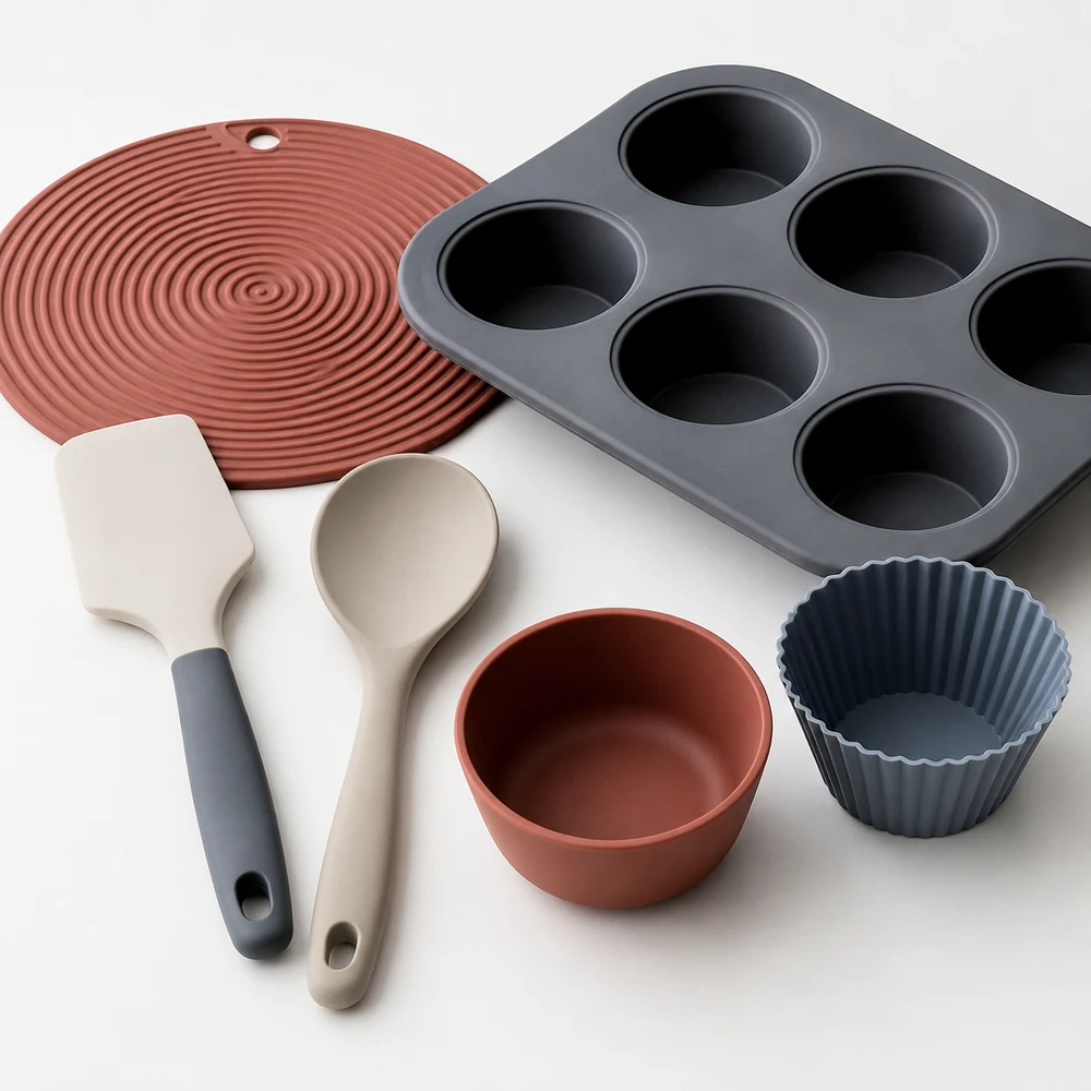 Representative moulded silicone kitchenware and bakeware products
