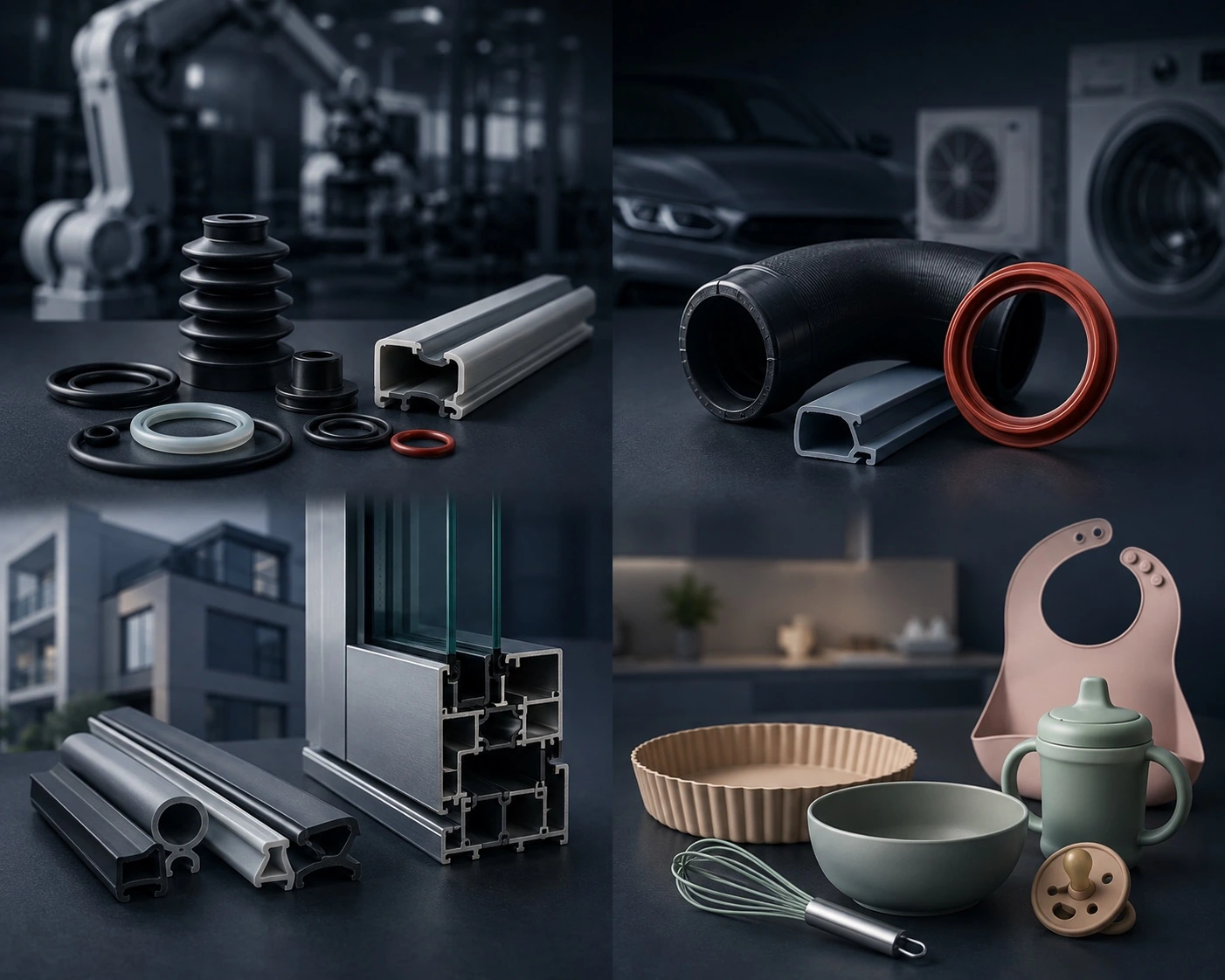 Representative silicone applications across industrial equipment, mobility, appliances, construction and consumer products