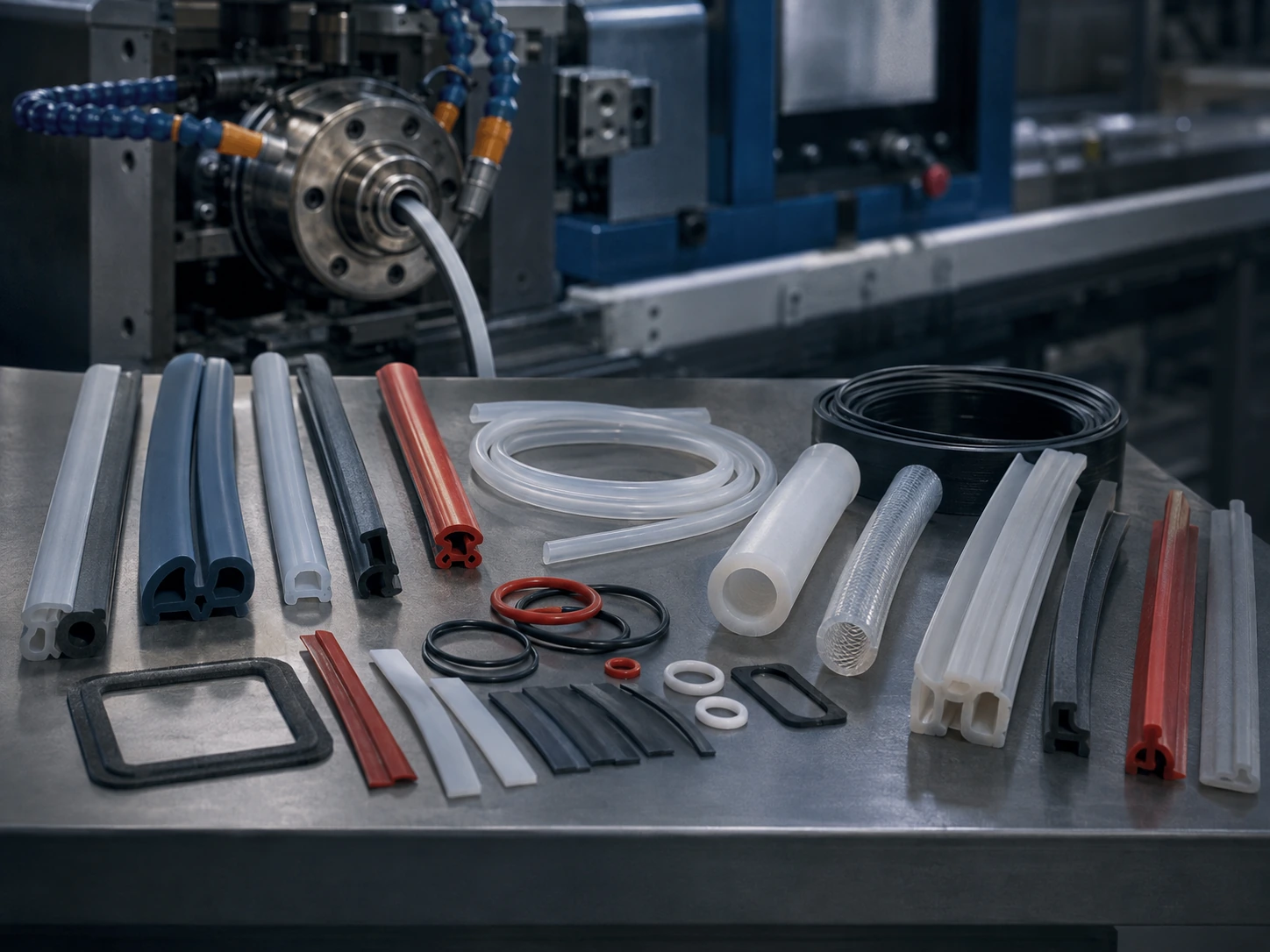 Representative HTV silicone extrusion with profiles, tubing, cords and continuous sections