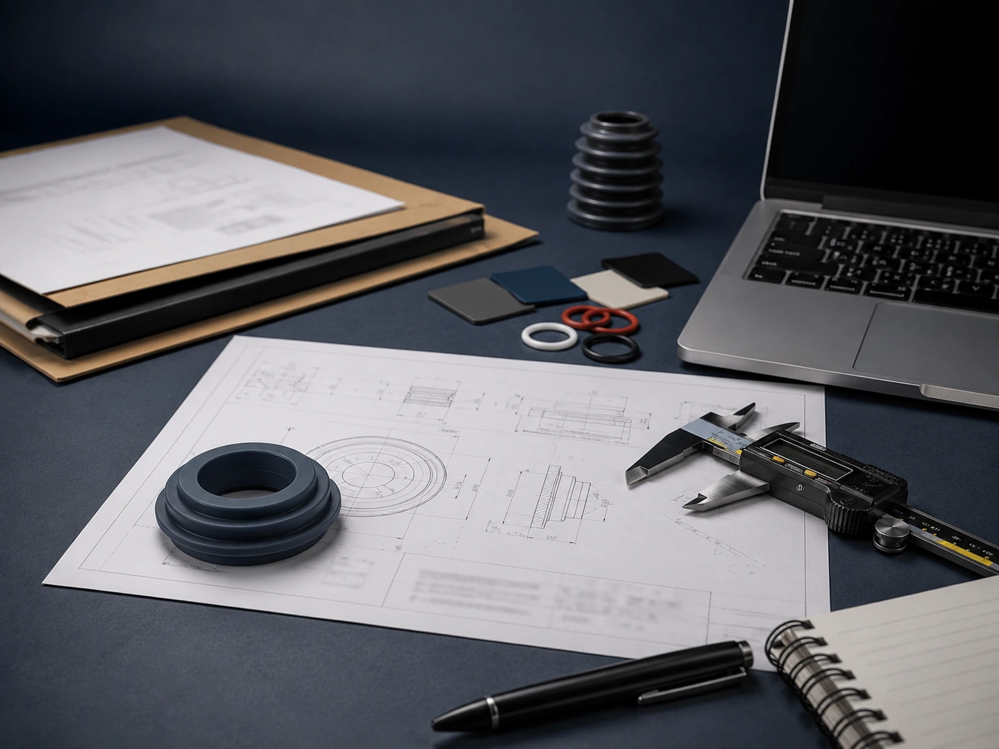 Representative silicone project review workspace with technical drawings, samples and dimensional inputs